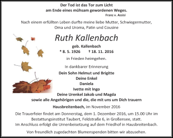 Traueranzeige von Ruth Kallenbach von Thüringer Allgemeine, Thüringische Landeszeitung