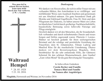 Traueranzeige von Waltraud Hempel von Thüringer Allgemeine, Thüringische Landeszeitung