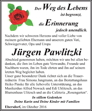 Traueranzeige von Jürgen Pawlitzki von Ostthüringer Zeitung