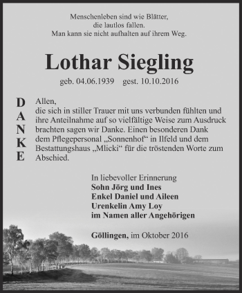 Traueranzeige von Lothar Siegling von Thüringer Allgemeine