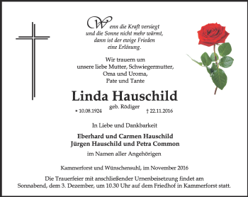 Traueranzeige von Linda Hauschild von Thüringer Allgemeine, Thüringische Landeszeitung