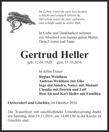 Traueranzeige von Gertrud Heller von Ostthüringer Zeitung