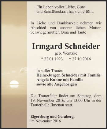 Traueranzeige von Irmgard Schneider von Thüringer Allgemeine