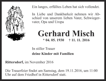 Traueranzeige von Gerhard Misch von Thüringer Allgemeine, Thüringische Landeszeitung