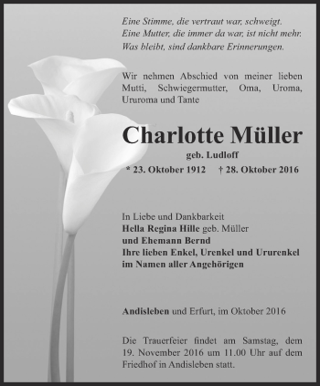 Traueranzeige von Charlotte Müller von Thüringer Allgemeine, Thüringische Landeszeitung