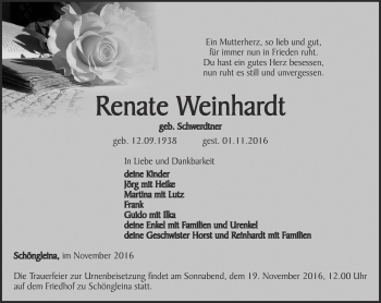 Traueranzeige von Renate Weinhardt von Ostthüringer Zeitung