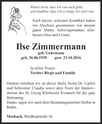 Traueranzeige von Ilse Zimmermann von Thüringer Allgemeine, Thüringische Landeszeitung