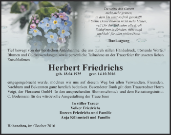 Traueranzeige von Herbert Friedrichs von Thüringer Allgemeine