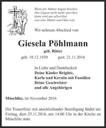 Traueranzeige von Giesela Pöhlmann von Ostthüringer Zeitung