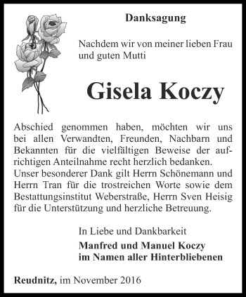 Traueranzeige von Gisela Koczy von Ostthüringer Zeitung