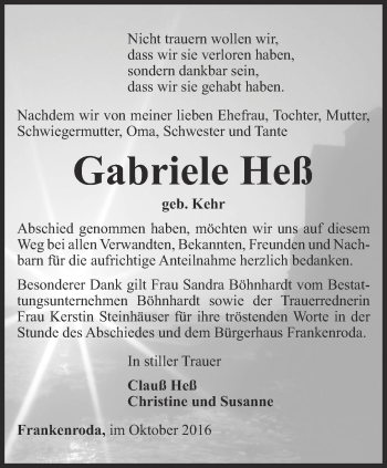 Traueranzeige von Gabriele Heß von Thüringer Allgemeine, Thüringische Landeszeitung