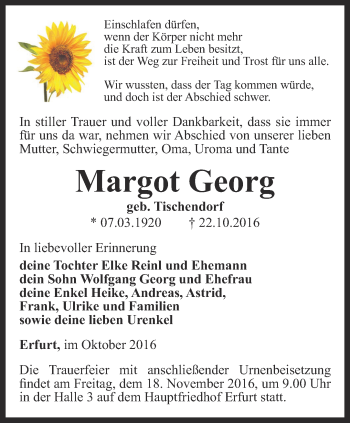 Traueranzeige von Margot Georg von Thüringer Allgemeine, Thüringische Landeszeitung