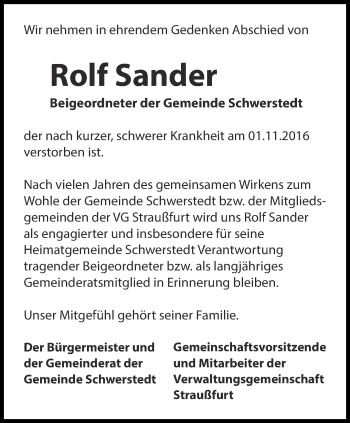 Traueranzeige von Rolf Sander von Thüringer Allgemeine