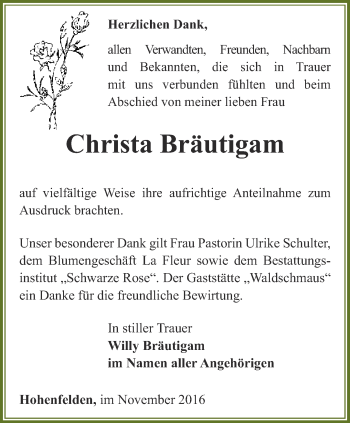 Traueranzeige von Christa Bräutigam von Thüringer Allgemeine, Thüringische Landeszeitung