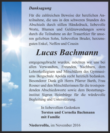 Traueranzeige von Lucas Bachmann von Thüringer Allgemeine, Thüringische Landeszeitung