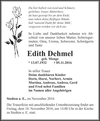 Traueranzeige von Edith Dehmel von Thüringer Allgemeine, Thüringische Landeszeitung