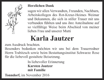 Traueranzeige von Karla Jautzer von Thüringer Allgemeine, Thüringische Landeszeitung