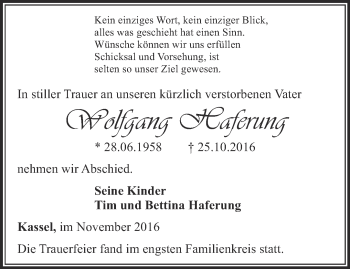 Traueranzeige von Wolfgang Haferung von Thüringer Allgemeine