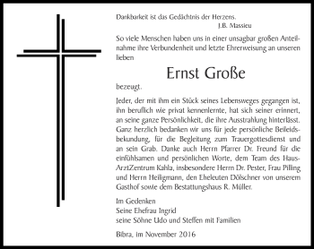 Traueranzeige von Ernst Große von Ostthüringer Zeitung, Thüringische Landeszeitung