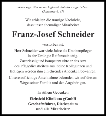 Traueranzeige von Franz-Josef Schneider von Thüringer Allgemeine