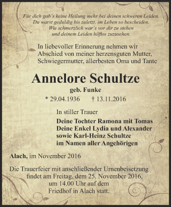 Traueranzeige von Annelore Schultze von Thüringer Allgemeine, Thüringische Landeszeitung