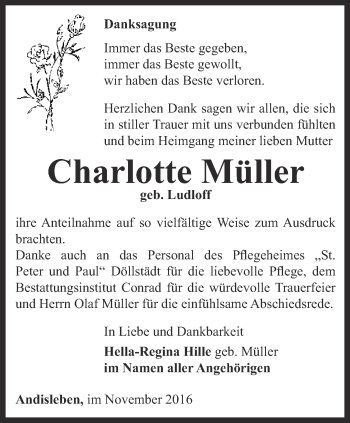 Traueranzeige von Charlotte Müller von Thüringer Allgemeine, Thüringische Landeszeitung