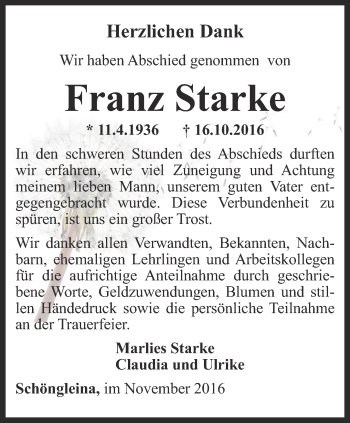 Traueranzeige von Franz Starke von Ostthüringer Zeitung