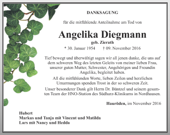 Traueranzeige von Angelika Diegmann von Thüringer Allgemeine