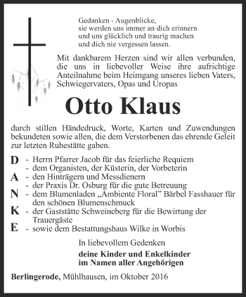 Traueranzeige von Otto Klaus von Thüringer Allgemeine