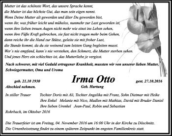 Traueranzeige von Irma Otto von Ostthüringer Zeitung