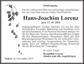 Traueranzeige von Hans-Joachim Lorenz von Thüringer Allgemeine