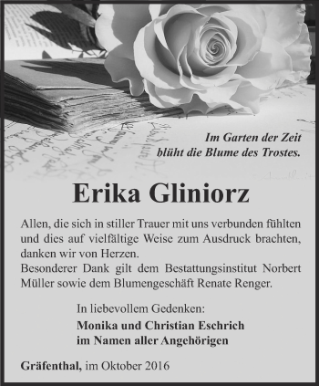 Traueranzeige von Erika Gliniorz von Ostthüringer Zeitung