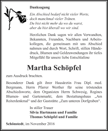 Traueranzeige von Martha Schöpfel von Thüringer Allgemeine, Thüringische Landeszeitung