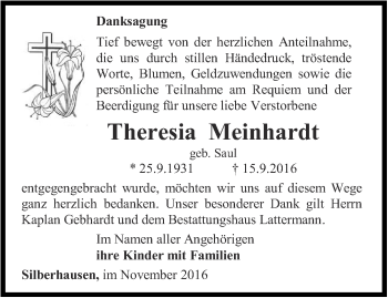 Traueranzeige von Theresia Meinhardt von Thüringer Allgemeine