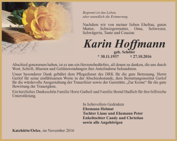 Traueranzeige von Karin Hoffmann von Ostthüringer Zeitung