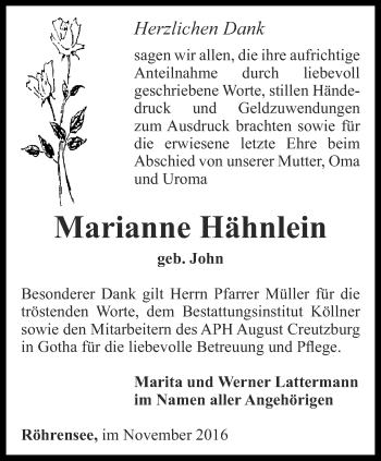 Traueranzeige von Marianne Hähnlein von Ostthüringer Zeitung, Thüringische Landeszeitung