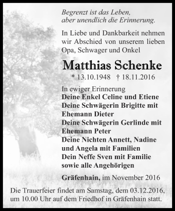 Traueranzeige von Matthias Schenke von Ostthüringer Zeitung, Thüringische Landeszeitung