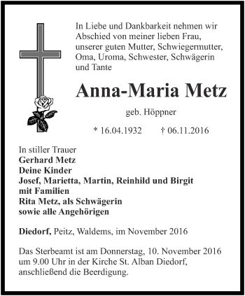 Traueranzeige von Anna-Maria Metz von Thüringer Allgemeine, Thüringische Landeszeitung