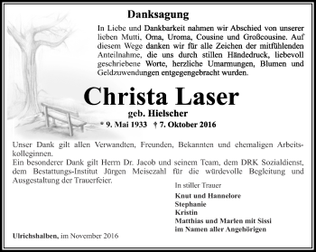 Traueranzeige von Christa Laser von Thüringer Allgemeine, Thüringische Landeszeitung