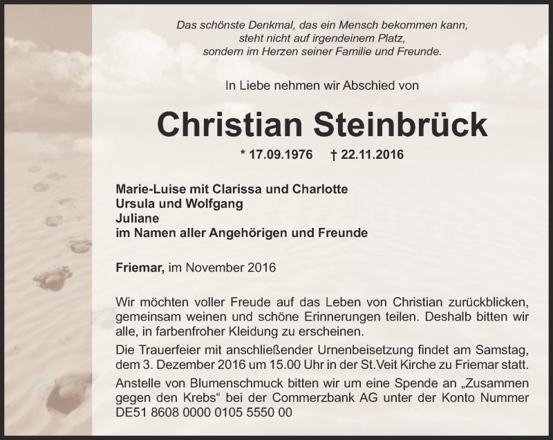  Traueranzeige für Christian Steinbrück vom 26.11.2016 aus Ostthüringer Zeitung, Thüringische Landeszeitung