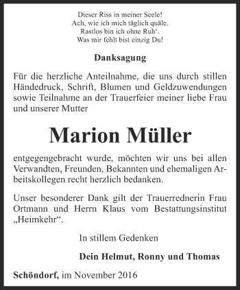 Traueranzeige von Marion Müller von Thüringer Allgemeine, Thüringische Landeszeitung