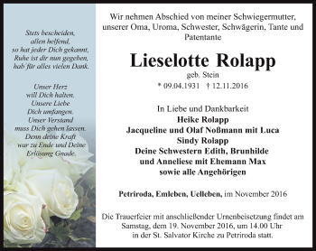 Traueranzeige von Lieselotte Rolapp von Ostthüringer Zeitung, Thüringische Landeszeitung