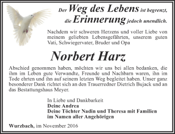 Traueranzeige von Norbert Harz von Ostthüringer Zeitung