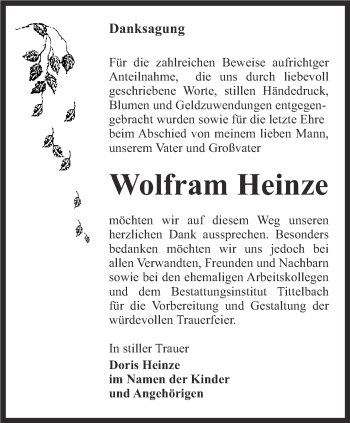 Traueranzeige von Wolfram Heinze von Thüringer Allgemeine