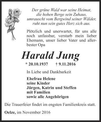 Traueranzeige von Harald Jung von Ostthüringer Zeitung