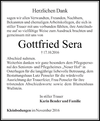 Traueranzeige von Gottfried Sera von Thüringer Allgemeine