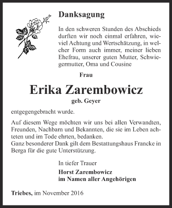 Traueranzeige von Erika Zarembowcz