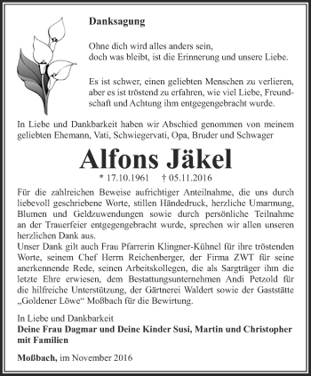 Traueranzeige von Alfons Jäkel von Ostthüringer Zeitung