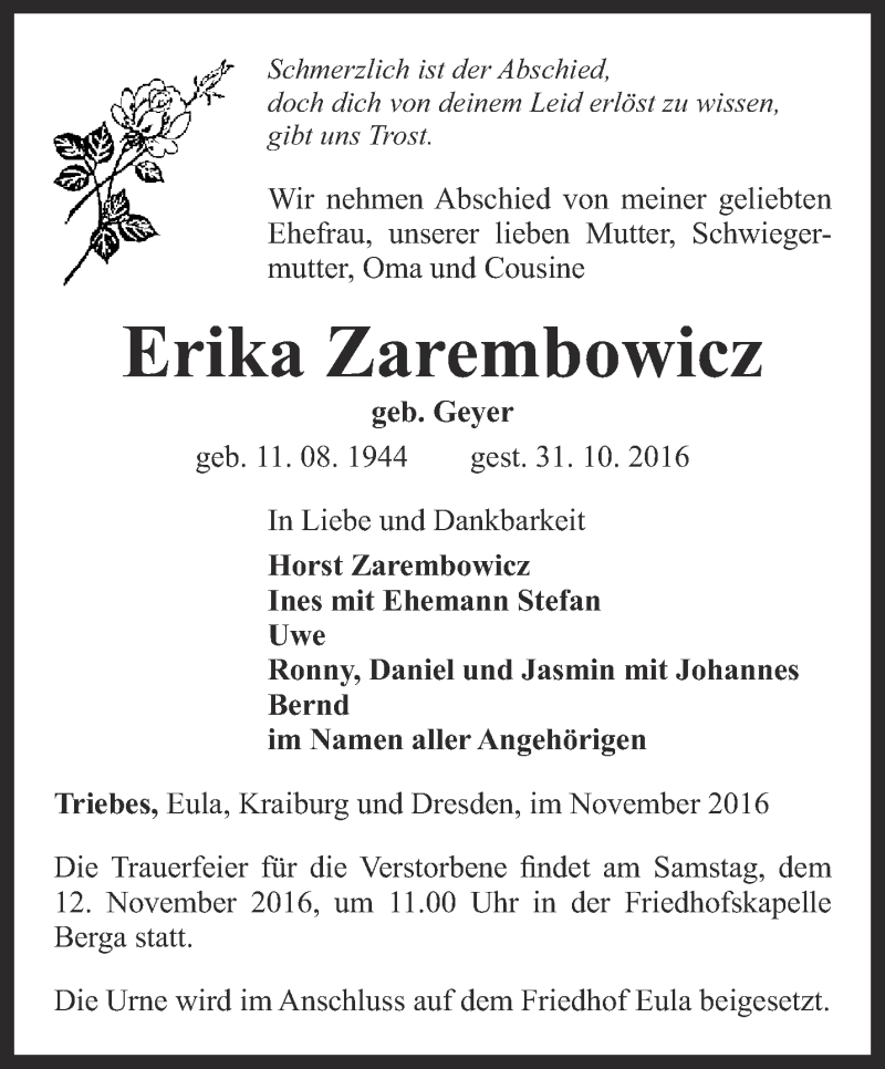  Traueranzeige für Erika Zarembowicz vom 03.11.2016 aus Ostthüringer Zeitung