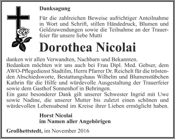 Traueranzeige von Dorothea Nicolai von Thüringer Allgemeine